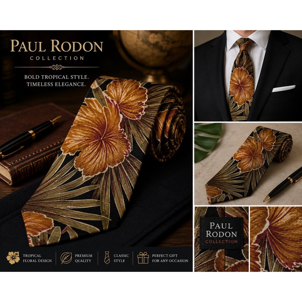 Paul Rodon Collection Tropical Floral Palm Leaf Silk Necktie Brown Green Gold